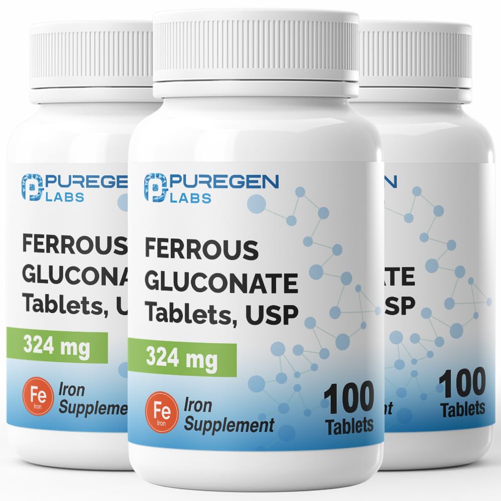 Puregen Labs Ferrous Gluconate 324 mg [High Potenty] Supliment de fier, Blând cu privire la Peste 3 Pachet - 300 comprimate Total