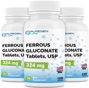 Puregen Labs Ferrous Gluconate 324 mg [High Potenty] Supliment de fier, Blând cu privire la Peste 3 Pachet - 300 comprimate Total