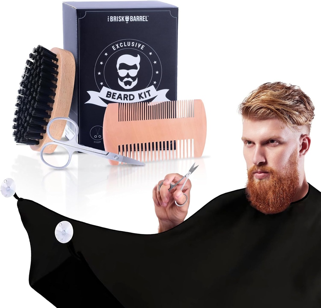 Perie barbă și Comb Set pentru bărbați 4 în 1. Perie barbă și Comb cu messy gratuit Bib Apron, foarfece mustață. Perie naturală și dublă acțiune Comb. Grooming pentru bărbaţi. Cadou pentru soţ,