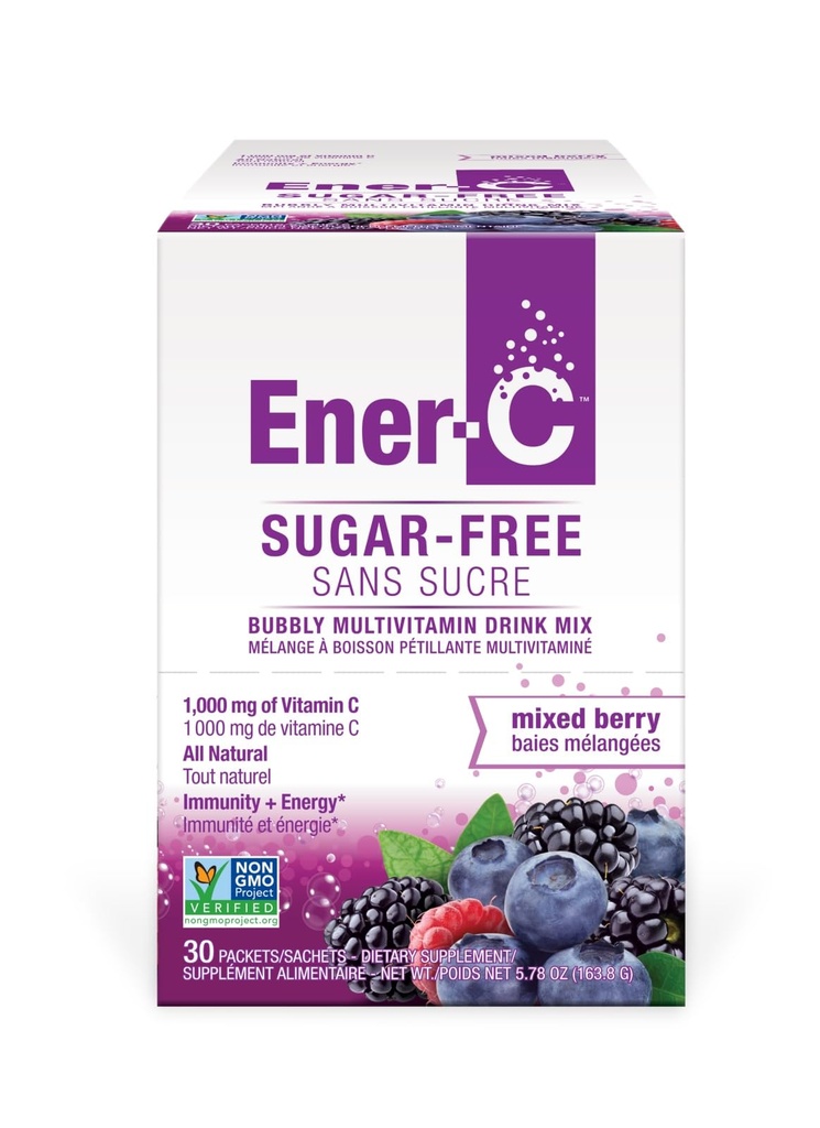 Ener-C Sugar Free Berry Multivitamine Drink Mix, 1000mg Vitamina C, Non-GMO, Vegan, Real Fruit Juice Powders, Natural Imunity Support, Electroliti, Gluten Free, 1-Pachet de 30