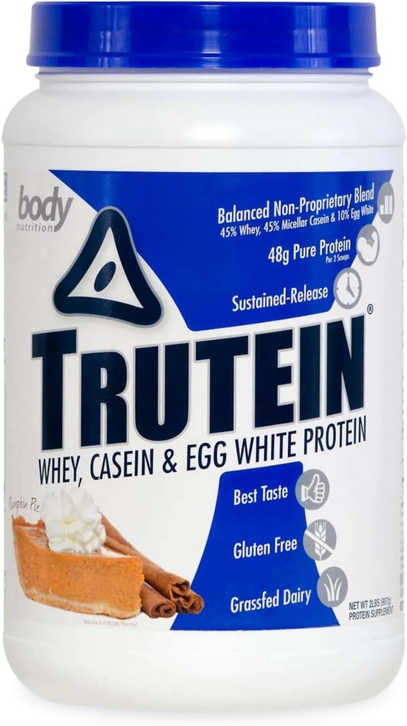 Nutriţie corporală Trutein Pulbere de proteine ridicate: 45% Whey, 45% Caseină, 10% Ou Alb, Gluten-Free, Sodiu scăzut, Iarbă Fed Whey Pulbere Proteină, Gym Supliment & Breakfast Shake, Dovleac Pie, 2lb