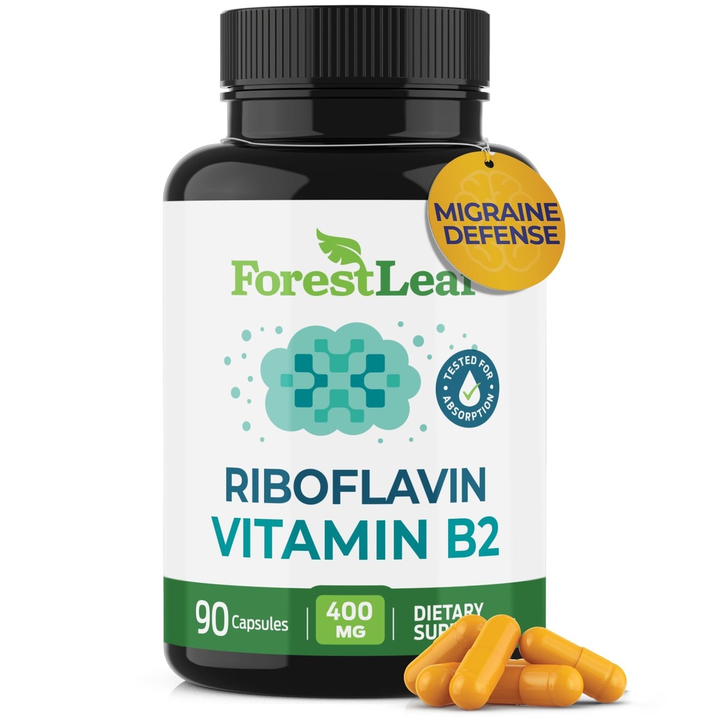 ForestLeaf Vitamina B2 Riboflavin 400mg - Energie, Skin & Cellular Health Supplement - Sistem nervos suport - Vitamina B 2 VIT B - Non-GMO & Gluten Free - B2 Vitamina 400mg Capsule vegetale, 90 Conte