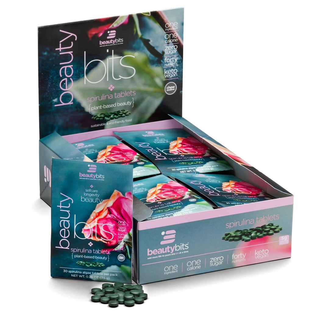 BEAUTYbits - Organic Spirulina Tablets - Algae Superfood - Colagen, Proteina, Clorofila - Păr, Nails, & Skin Care - Vegan, Keto, Gluten Free - Self Care - Skincare Beauty - 30 Bags, 900 Tablete