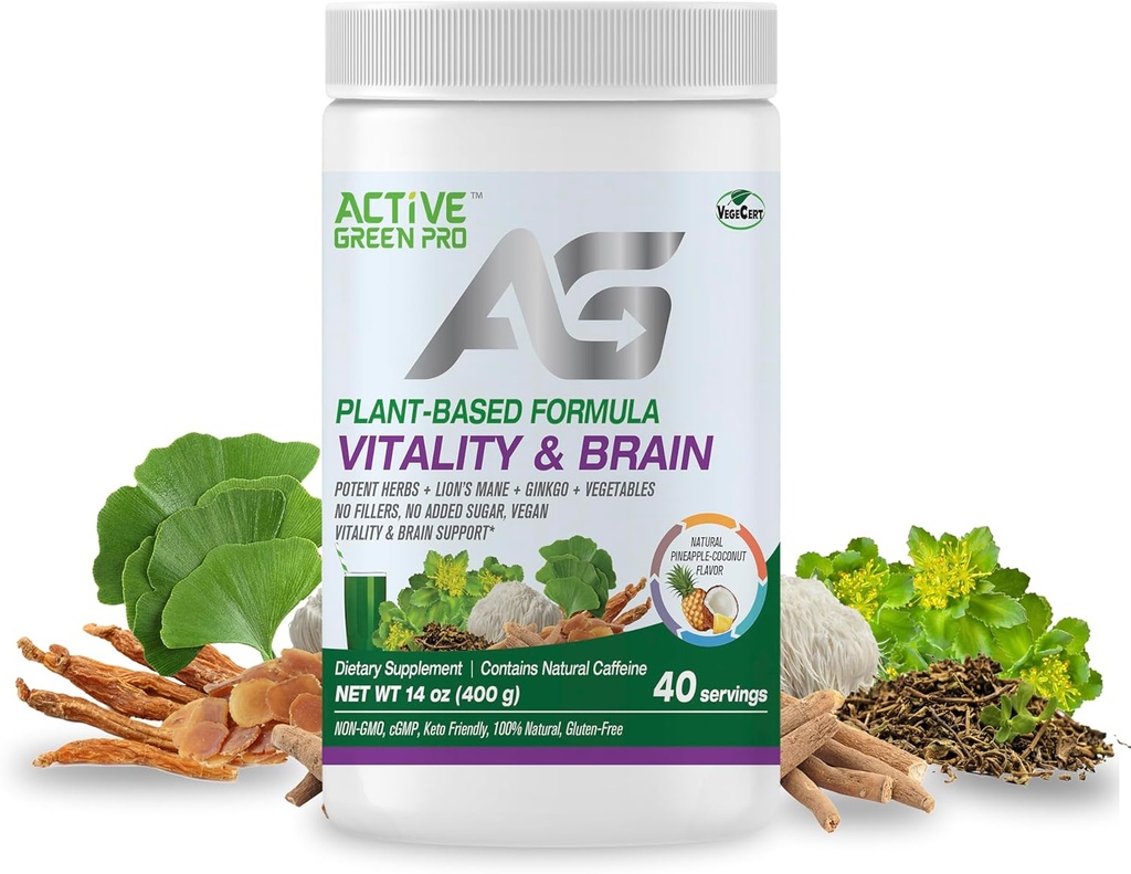Vitalitity & Brain Powder, Blend of Synergistic Herbs, Lion's Mane, Ginkgo, and Agreements, Plant-Based Formula, No Fillers, No Sugar Adăugat - 40 Servings