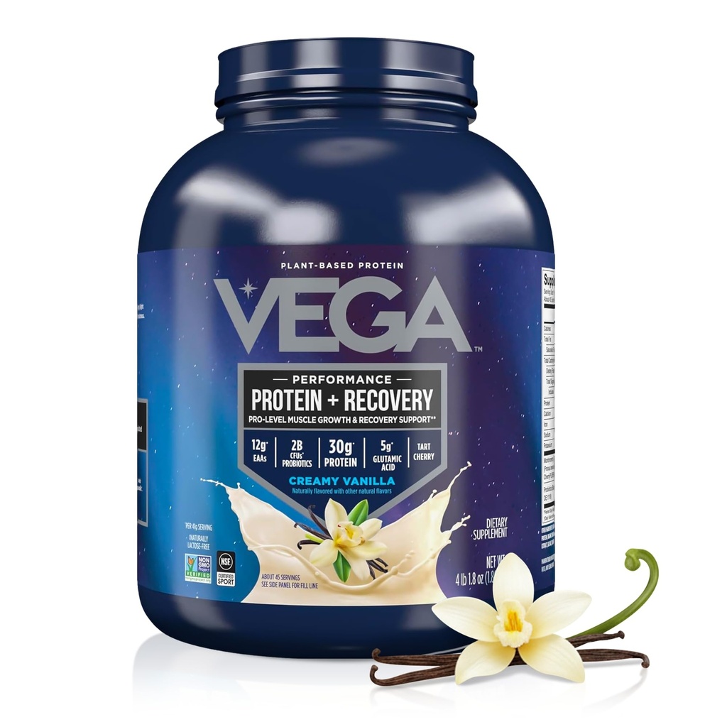 Vega Sport Pudră de proteine Vegan + recuperare - 30g Proteină pe bază de plante pe servire, Vanilla, 45 Serviri, 5g BCAAs, Probiotice, NSF Certified, Pentru Shakes & Smoothies, 4.1lbs (Packaging May Vary)