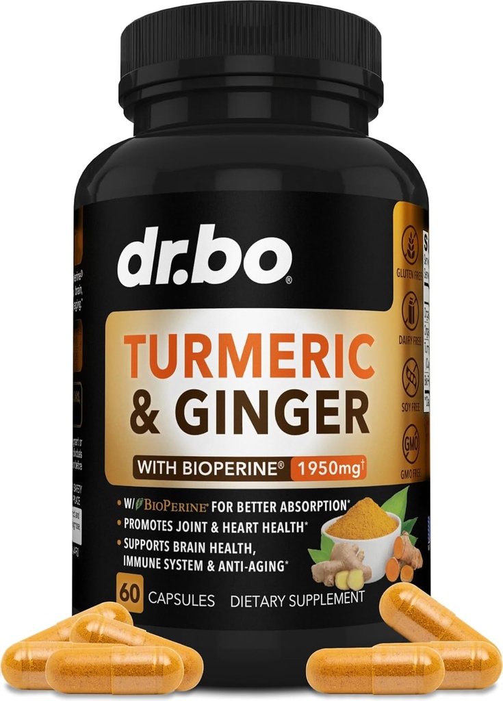 Curcumina turmerica cu supliment BioPerine & Ginger - 1950mg Tumeric organic si pastile cu piper negru cu Curcumina BioPerine - Supliment Turmeric si Ginger 60 Capsule