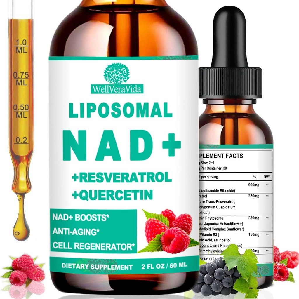 Suplimente NAD pentru femei și bărbați, Liposomal NAD Nicotinamidă Riboside Resveratrol 900mg, TMG, Querbetin, Vitamina B3, Lichid organic NAD Resveratrol Supliment pentru longevitate, Energie, Anti-Aging, Focus