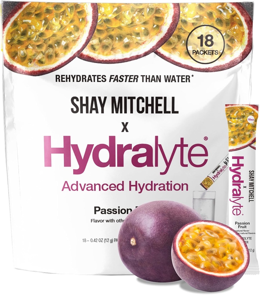 Hidralyte Shay Mitchell Electrolyte Pachete de pulbere, Rehidratare Rapidă Low Sugar, Pudră de Hidratare pentru Căldură, Travel, Exerciții și petreceri de licență (Fructul Passion)