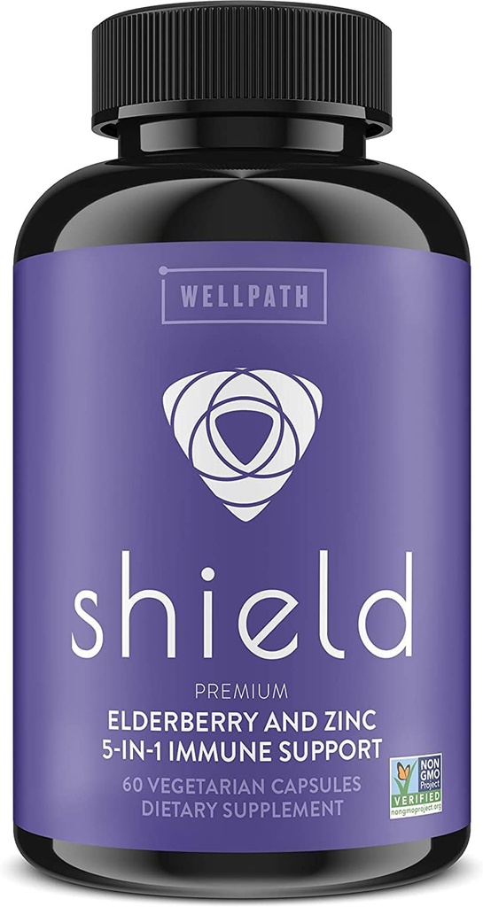 Capsulele de Elderberry Shield WellPath - 5-in-1 Suport imun Booster cu zinc, vitamina C, echinacea, Bee Propolis - Premium Zinc Supliment - 600 mg Sambucus Pastile negre de Elderberry pentru adulţi - 60 Ct