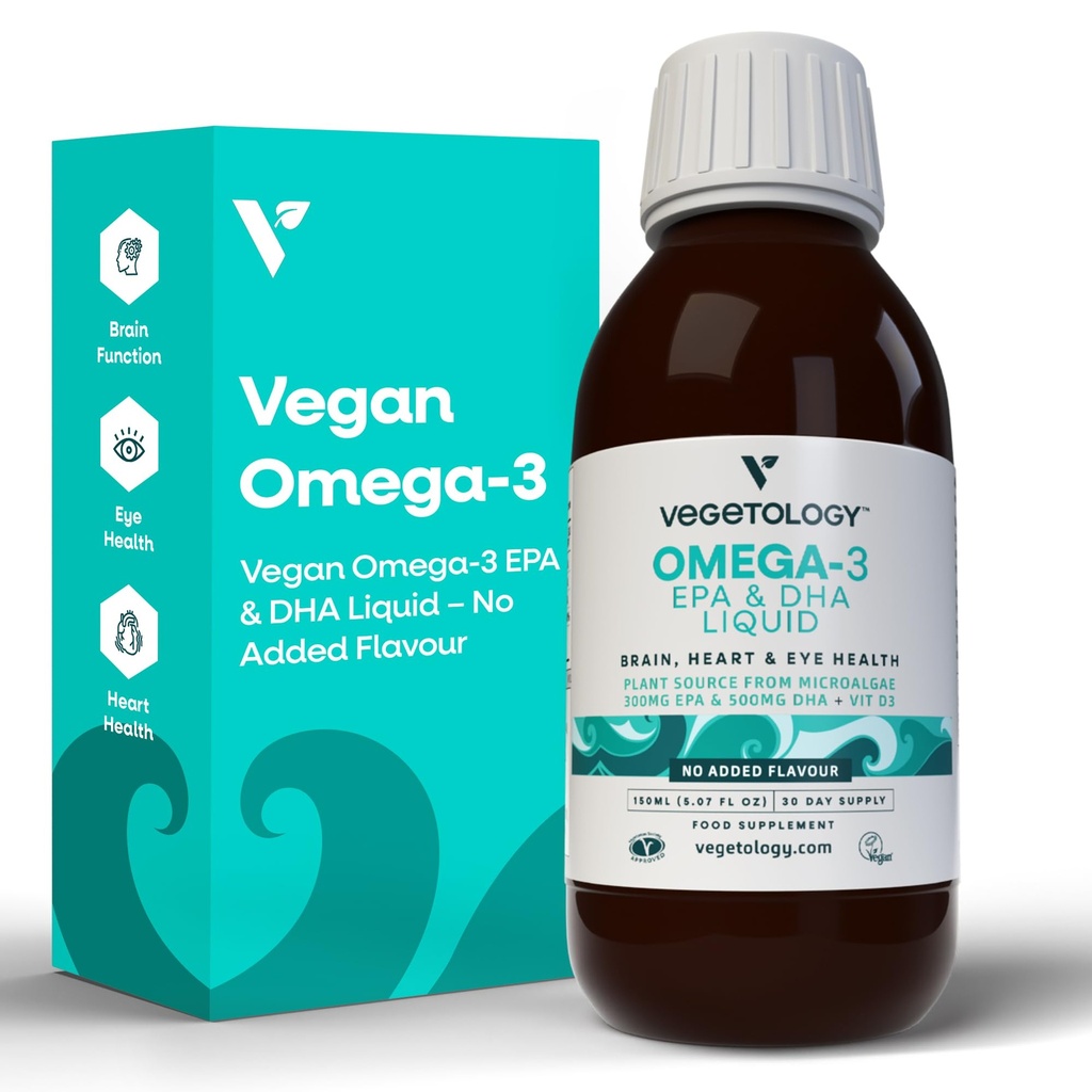 Vegan Omega 3 lichid, de la Microalge, 800mg de EPA DHA, cu vitamina D3, suporta inima, creier si sanatatea ochilor, Natural Fish Oil Alternative, Marea Britanie Made, Nearomated