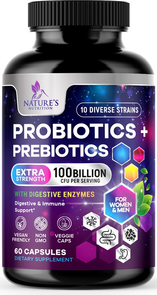 Probiotice pentru femei și bărbați 60 miliarde CFU - 10 dungi cu Lactobacillus, probiotice digestive pentru sănătate și supliment de sprijin imun, susține constipație ocazională, gaz și balonare - 60 capsule