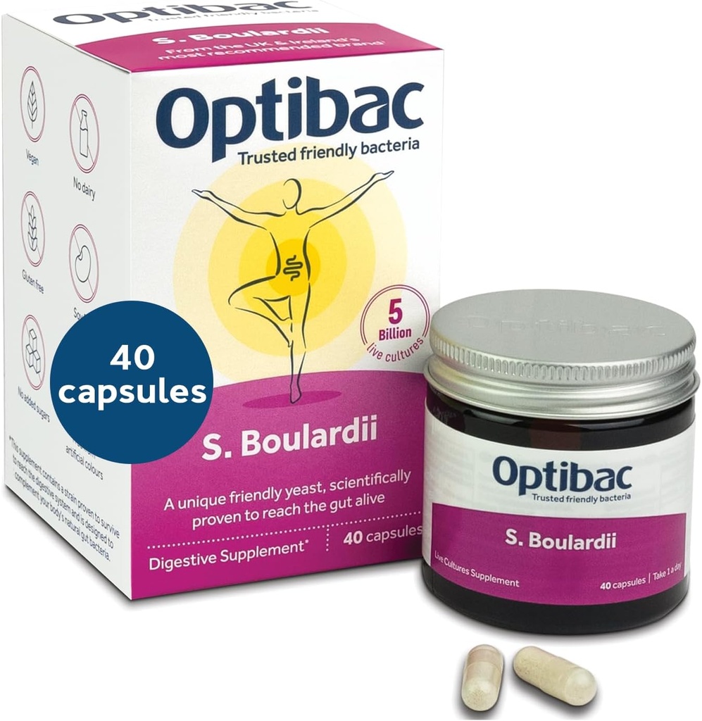Optibac Probiotice Saccharomyces Boulardii - Vegan dovedit științific supliment probiotic digestiv, 5 miliarde CFU - 40 capsule