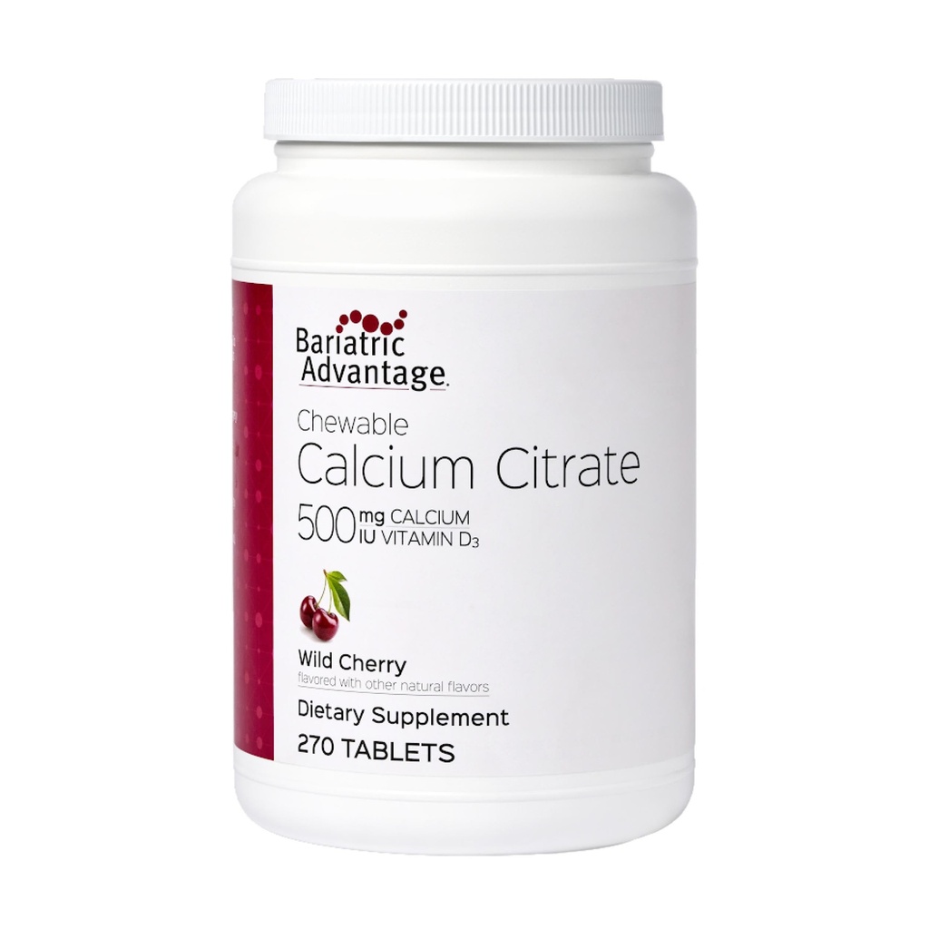 Bariatrie Avantaj Citrat de calciu Masticabil 500 mg cu vitamina D3 pentru pacienții cu chirurgie bariatrică incluzând Bypass gastric și Gastrectomie mânecă, Aroma de cireșe cu conținut scăzut de zahăr - Wild, 270 Număr