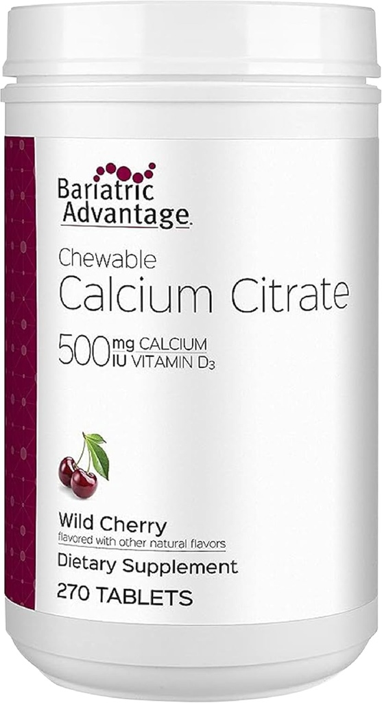 Bariatrie Avantaj Citrat de calciu Masticabil 500 mg cu vitamina D3 pentru pacienții cu chirurgie bariatrică incluzând Bypass gastric și Gastrectomie mânecă, Aroma de cireșe cu conținut scăzut de zahăr - Wild, 270 Număr