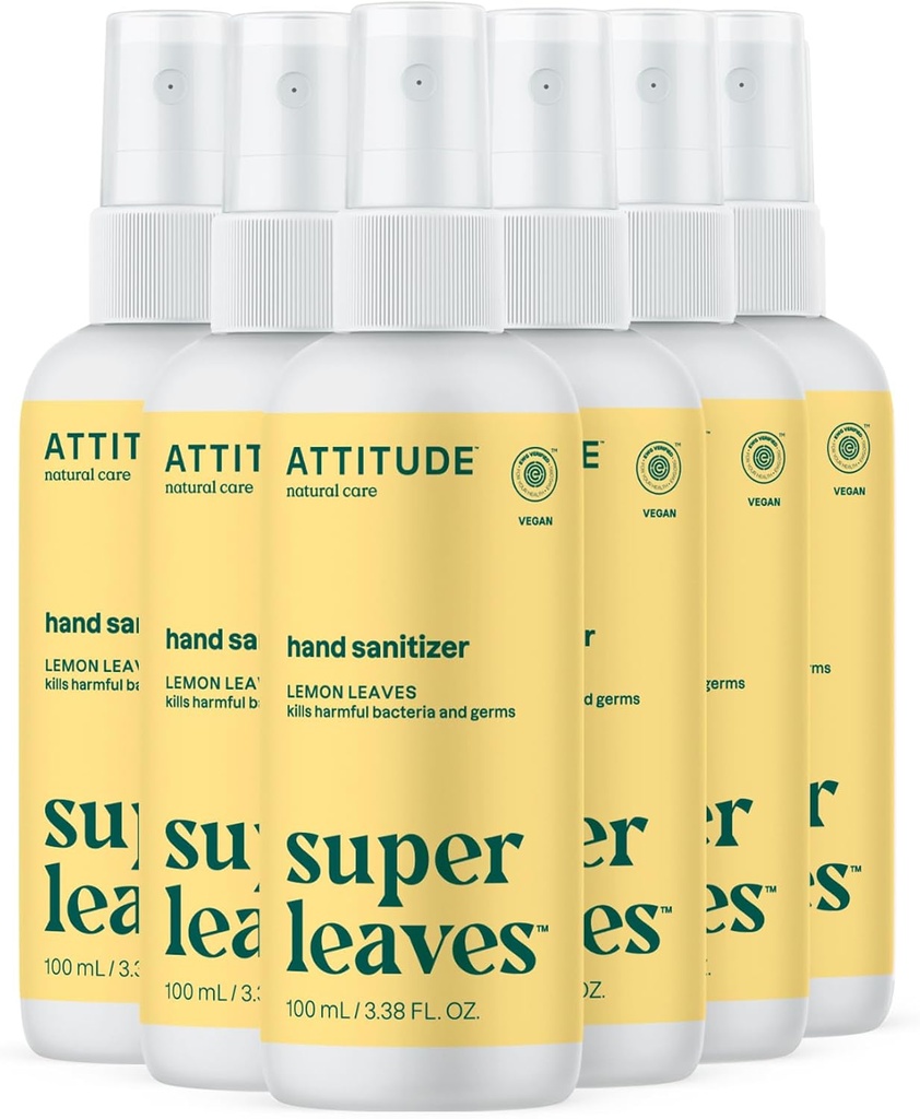 ATITUDE Spray de salubritate manuala pentru adulti si copii, EWG verificat, ucide bacterii si germeni, Vegan, frunze de lemon, 3.38 Fl Oz (Spray Bottle) (Pachet de 6)