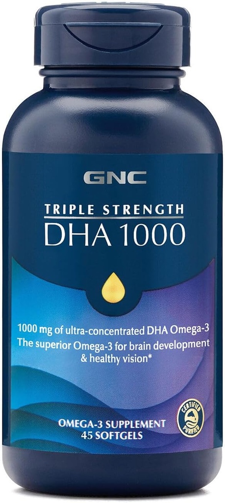 GNC Triple Putere DHA 1000 Omega 3 Supliment, 1000 mg DHA, Suportă Dezvoltarea creierului și viziune sănătoasă, 45 Softgels