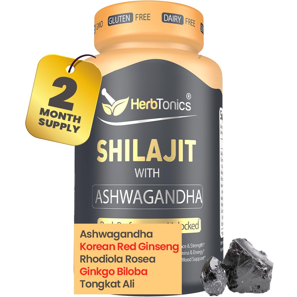 Herbtonics Shilajit pentru bărbați și femei cu Ashwagandha, coreean Red Ginseng, Rhodiola Rosea, Ginkgo Biloba, Tongkat Ali 