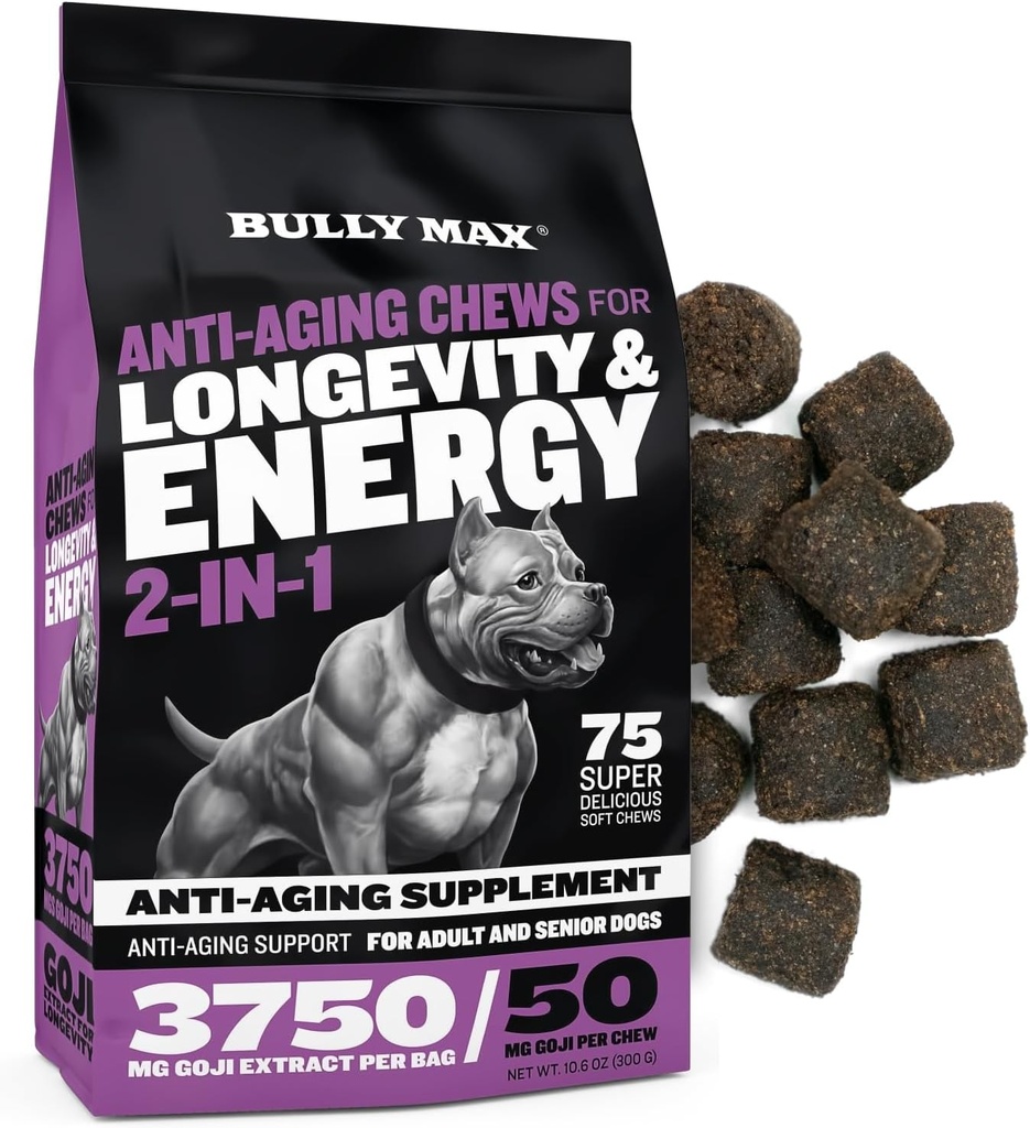 Bully Max 2-in-1 Anti-Aging Multivitamine Chews - Senior Dog Food Supliment pentru Vitalitate, Imunitate, Suport comun cu postbiotice - Vitamine pentru câini adulți pentru Rase mici și mari - 75 Tasty Soft Chews