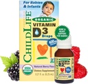 CHILDLIFE ESENȚIALE Vitamine organice D3 picături - Vitamina D picături pentru sugari și sugari, 400 UI per picătură, All-Natural, USDA Organic, Non-GMO, Kosher, Gluten-Free - Aromă naturală Berry, 0.21 Fl Oz
