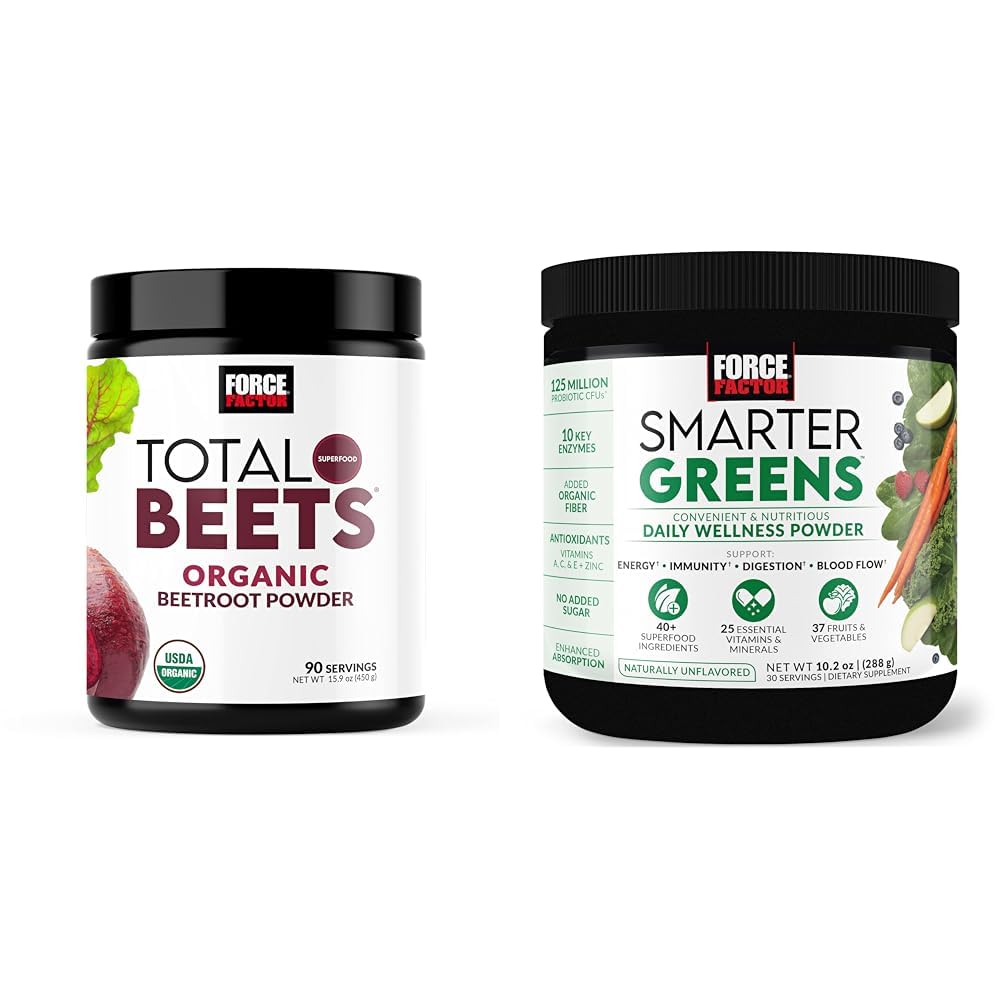 Force Factor Total Beets Organic Beetroot Powder Superfood pentru a stimula nutriție zilnică, USDA Organic & Greens Smarter Daily Wellness Powder pentru a sprijini energia, imunitatea și digestia