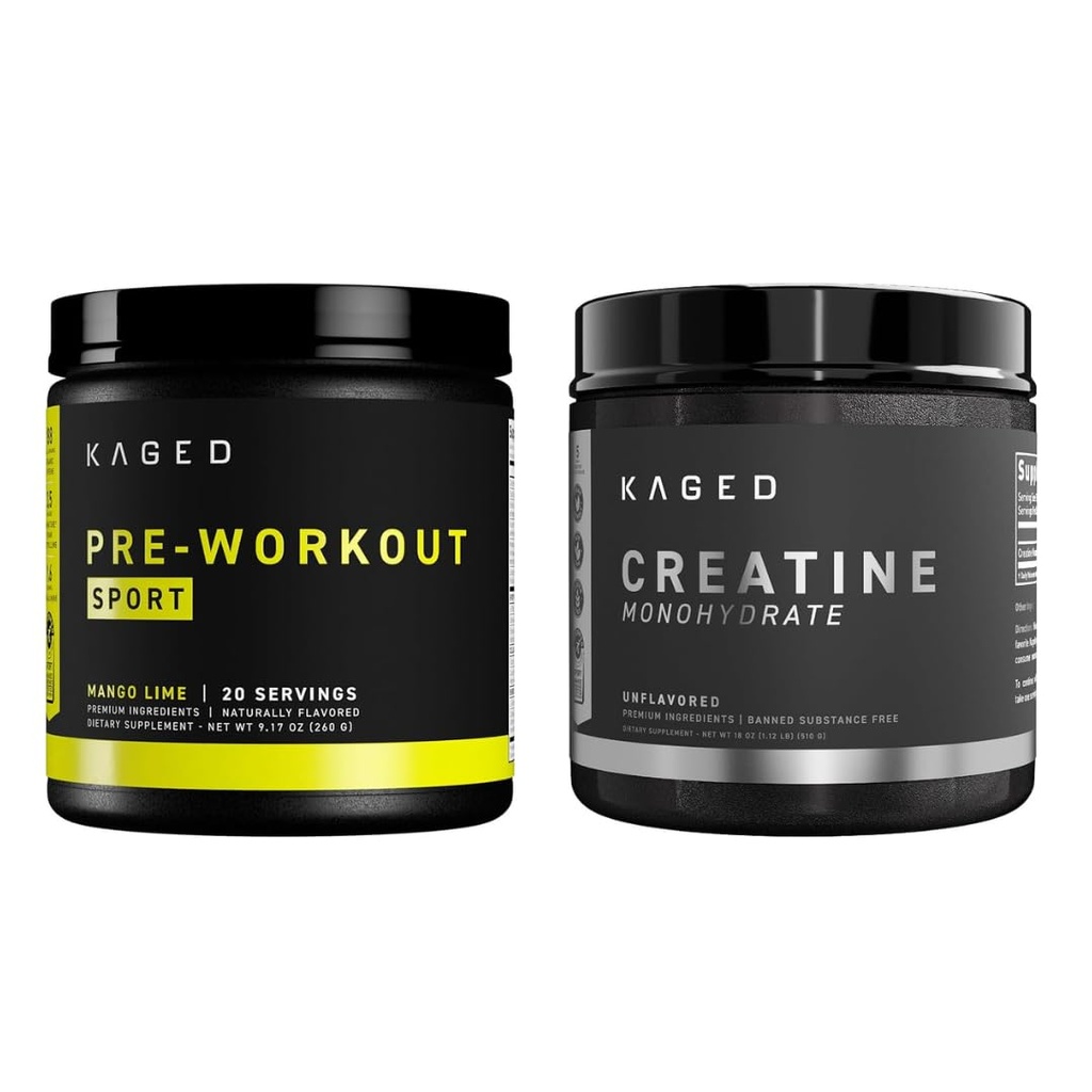 Kaged Pre Sport Pre Praf de antrenament Mango Lime Creatină Monohidrat Pulbere Micronized Bundle, Energia & Muscle Recovery Supplement Pack, 20 Serviri Pre-Working-out + 100 Serviri Creatina