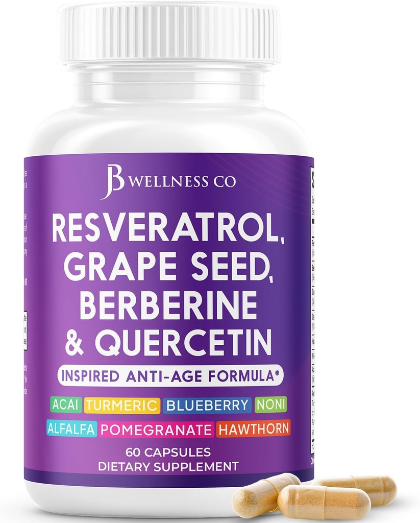 JB Wellness Resveratrol Extract de semințe de struguri, Berberine, Querbetin - Supliment polifenol pentru femei și bărbați cu extract Noni, N-Acetyl Cysteine, extract Acai - 60 capsule