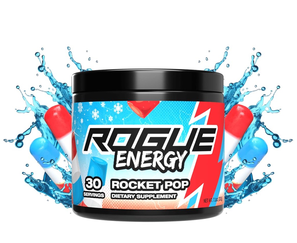 Rogue Energy Energetic Drink Powder for Long Gaming Hours - Energetic Powder for Mental Focus - Sugar and Gluten Free - Gaming Supplement with Caffeine and Vitamins - Made in USA (Rocket Pop - 30 Servings)