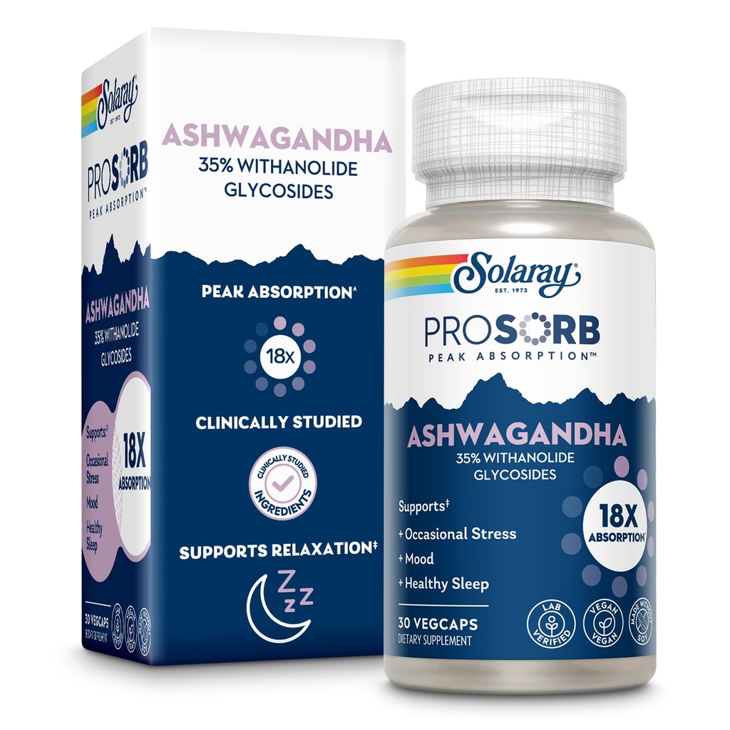 SOLARAY Ashwagandha Capsule 18X Absorbţie - Ashwagandha Root and Leaf Extract 240 mg - Ocazional Stres Relief şi Mood Supplement - Vegan, 60-Day Guarantee - 30 Servings, 30 VegCaps