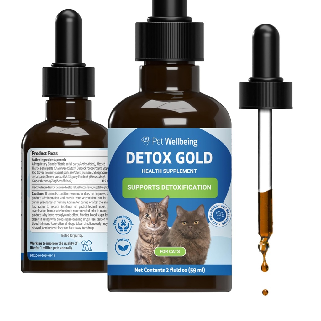 Pet Wellbeing Gold dezintoxicare pentru pisici - Detoxifiere blândă și suport de eliminare, Ingrijirea sistemului imunitar, Nettle, Binecuvântate Thistle, Brodock Root - Veterinarian-Formulat Herbal Supliment 2 oz (59 ml)