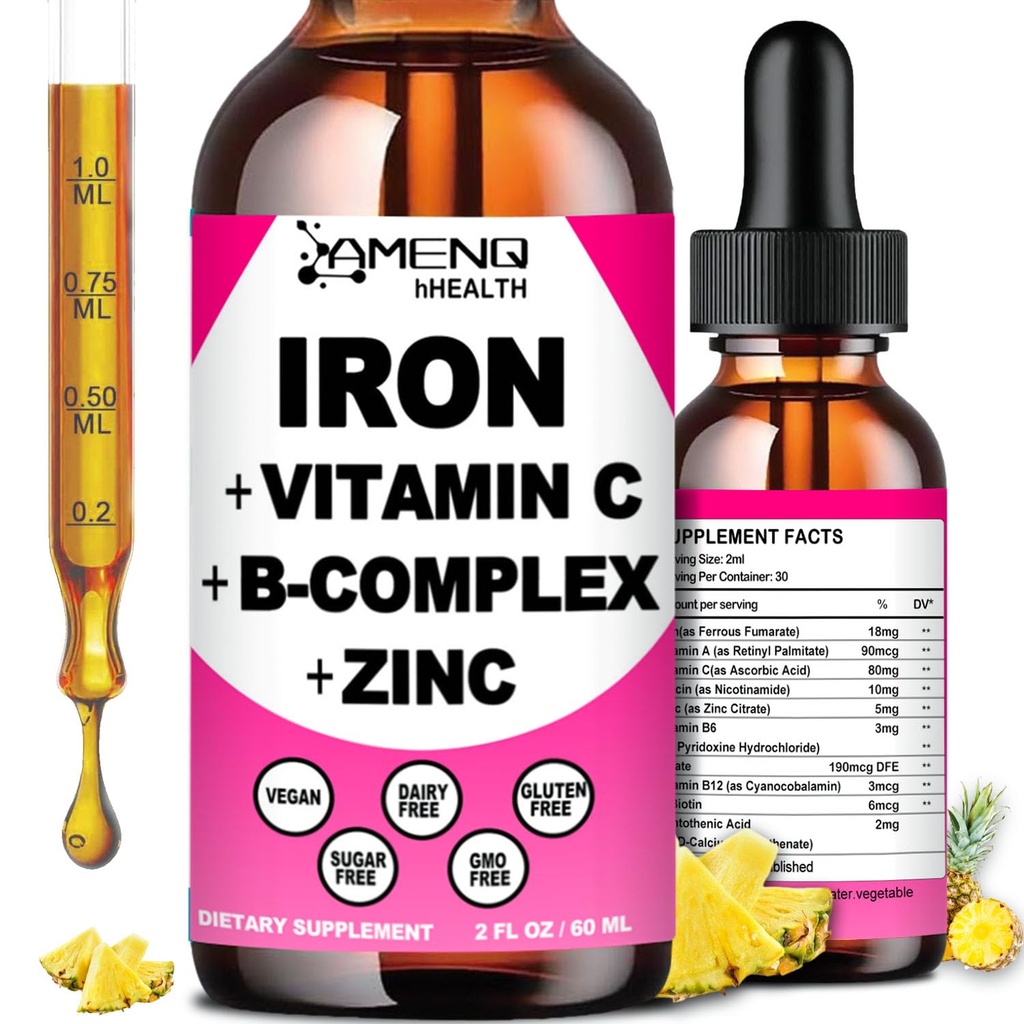 Supliment de fier pentru femei Barbati si copii, Vitamina de Fier C, A, B-complex, Vegan picaturi de fier de mare potenta Vitamina lichida & Suplimente de fier pentru anemie, Celula rosie de sange, Energie, Blood Builder, Gentle