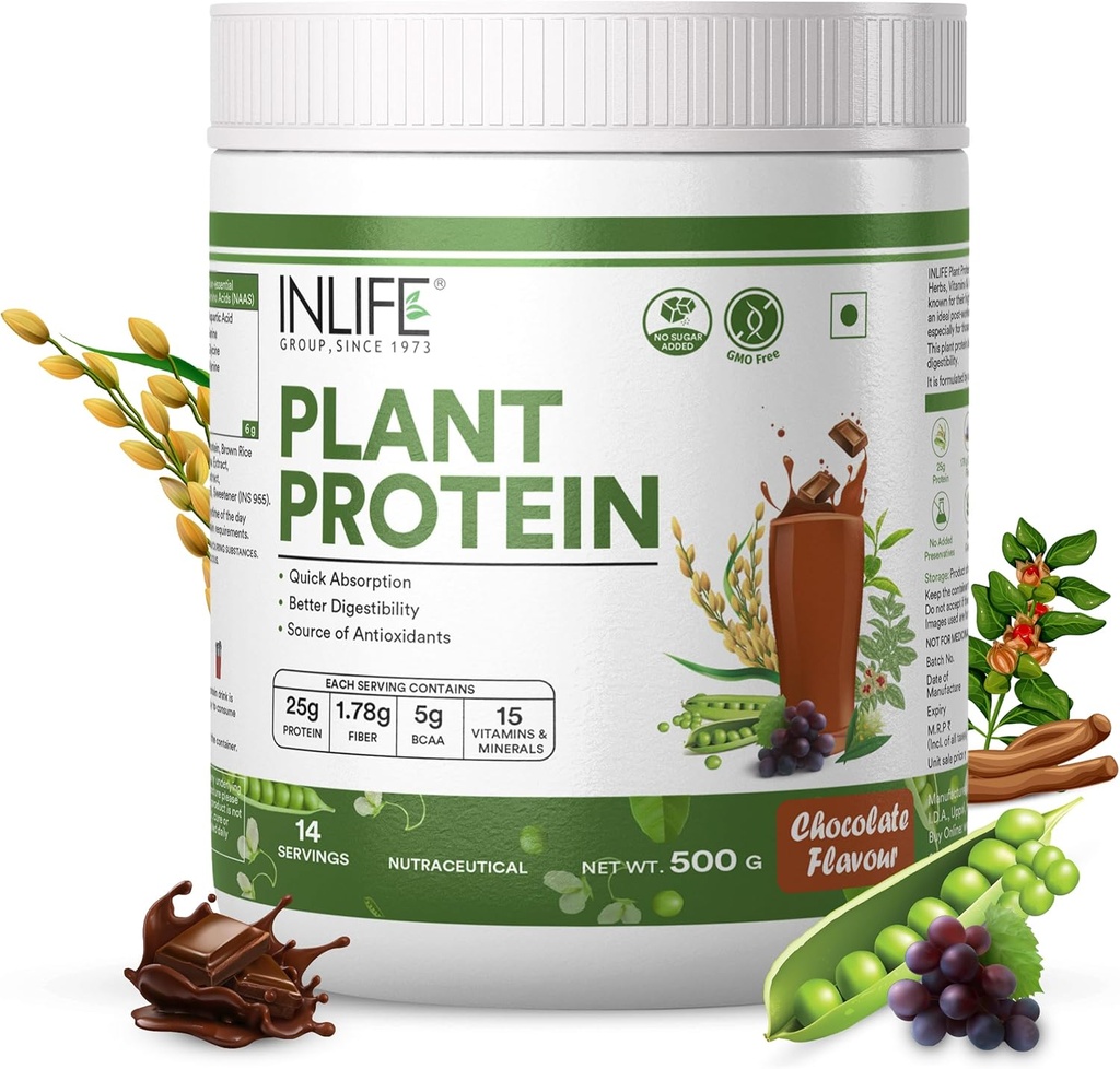 INLIFE Plant Proteine Powder - Pea, Quinoa & Brown Rice - 25g Proteine - Ashwagandha, Ceai verde și extract de semințe de struguri - Supliment (500 g, ciocolată)