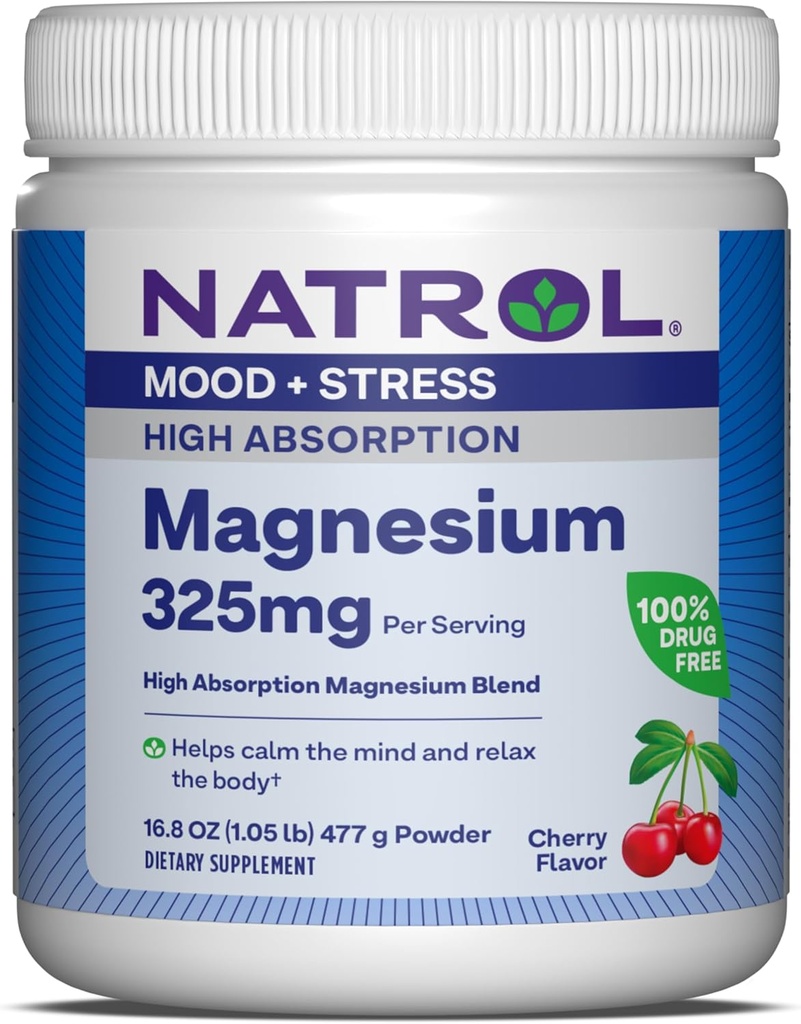 Natrol Magnesium 325 mg, High Absorption Magnesium Glycinate and Carbonate Blend to Help Calm The Mind and Relax The Body, 16.8 OZ of Cherry-Flavored Powder, Up to a 90 Day Supply