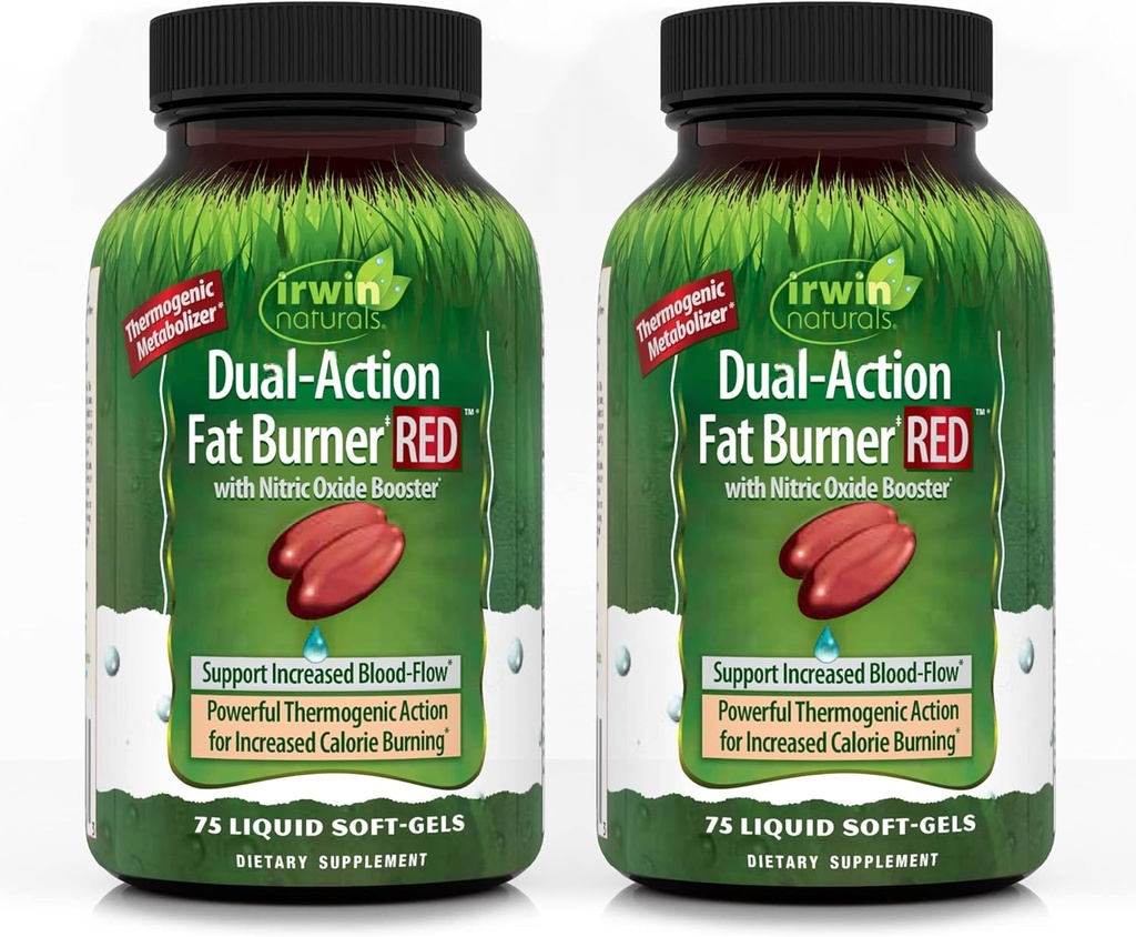 Irwin Naturals Dual-Action Fat Burner RED - 75 lichid Soft-Gels, Pachet de 2 - Termogenic puternic cu oxid de azot Booster - 50 Serviri totale