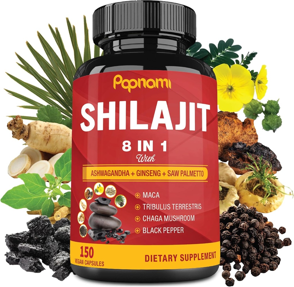 Shilajit Himalayan Supplement for Men & Women - 150 Capsules Combined Ashwagandha, Ginseng, Saw Palmetto, Maca, Tribulus, Chaga & Black Pepper - Vitality Energy and Immune Supports