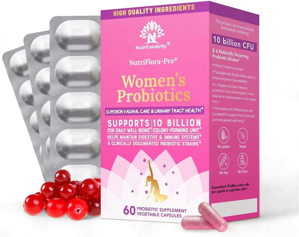 Nutricelebrity NutriFlora-Pro Pro Probiotice pentru femei - Suport Vaginal, Sanatate urinara, Sistem imunitar Suport Sistem Digestiv, Pastile Cranberry Supliment, 10 Miliarde CFU 6 Tulpini (30 Capace) - 2 Pack