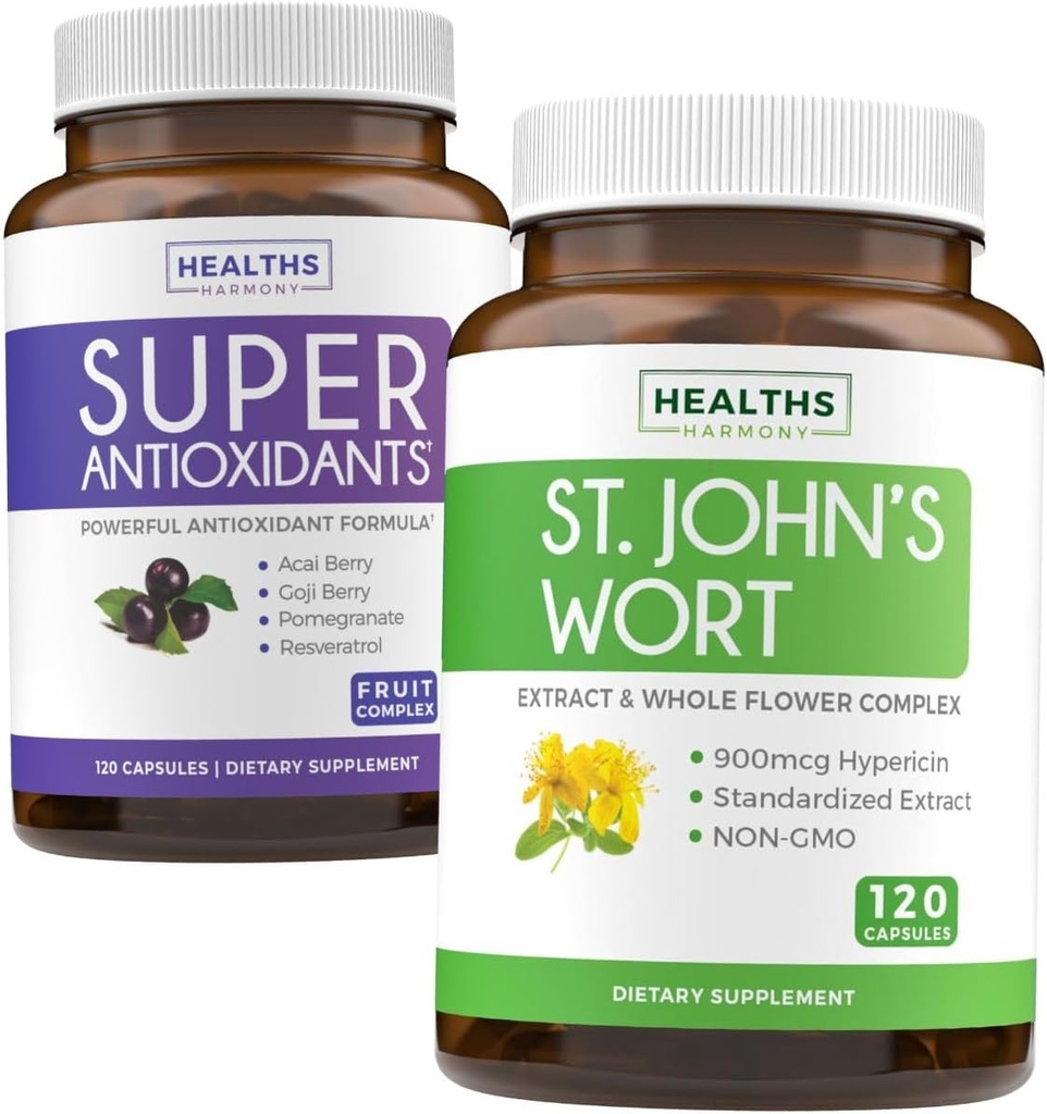 Antioxidanți & St. John's Wort (2-Lonth Supply) Serenity Antioxidant Blend - Super Antioxidanți - Powerful Super Food Daily Blend (120 Caps) & St. John's Wort - Powerful 9000mcg Extract (120 Caps)
