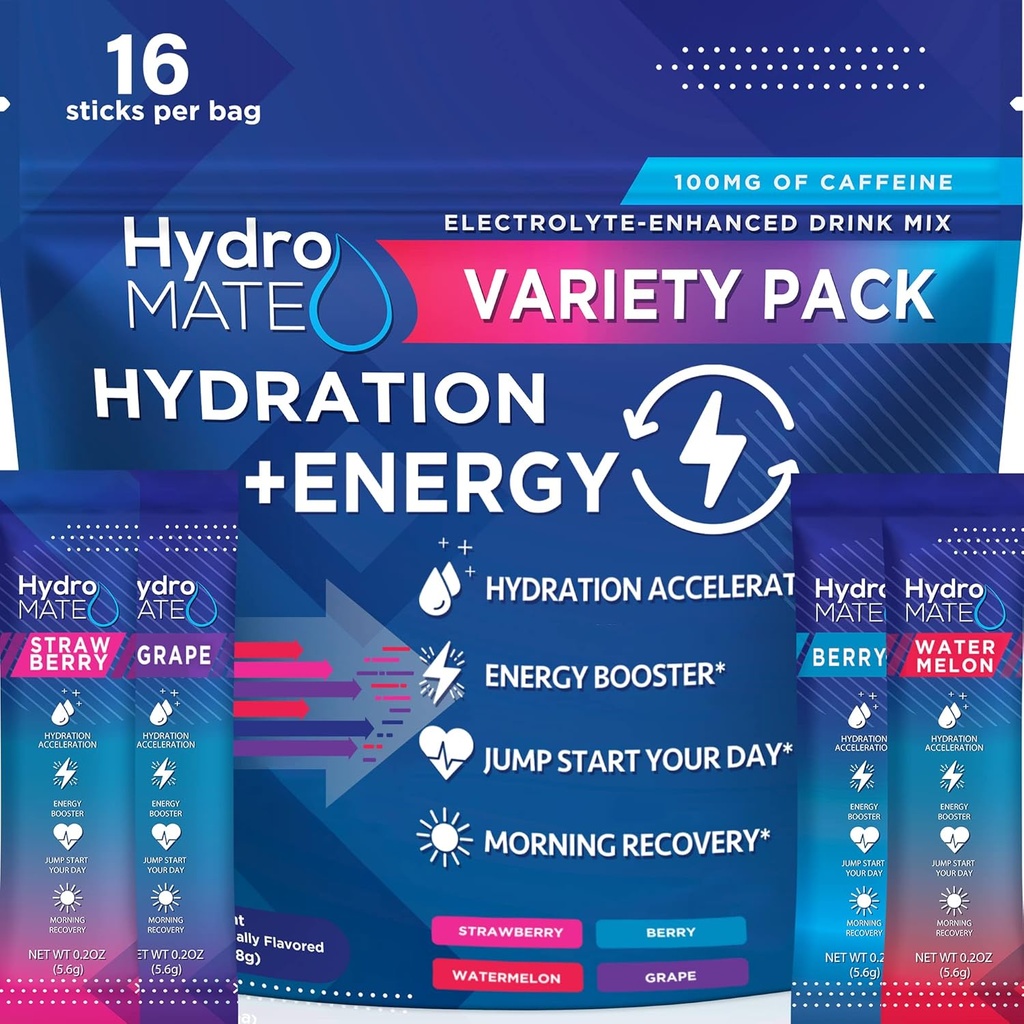 HidroMATE Electroliti pulbere băuturi Pachete Hidratare Accelerator scăzut zahăr Party Favoruri pentru recuperare rapidă vitamina C Plus Cafeina Variety Pack 16 Sticks