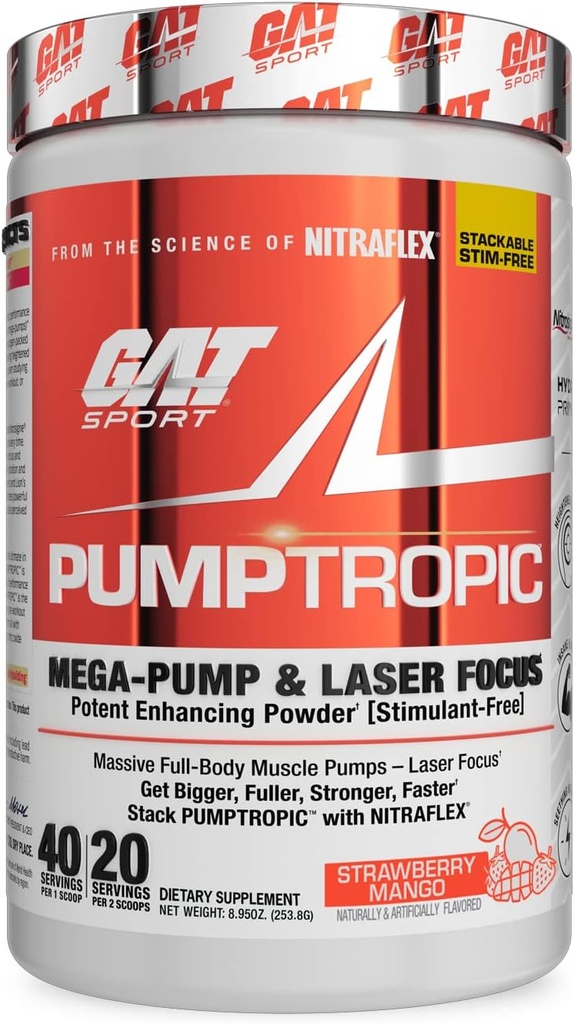 GAT Sport Pumptropic Mega-Pump & Laser Focus potențator pulbere (Stimulant-Free), 40 Servings (Strawberry Mango)