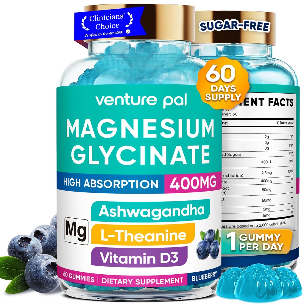 60 zi de aprovizionare Magneziu Glicinat 400mg Gume cu Ashwagandha, L-Teanină, CoQ10, Vitamina D3 & B6, Gume de magneziu gratuite de zahăr pentru adulți și copii, ajutor de stres, somn & calm, Vegan, gluten gratuit
