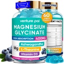 60 zi de aprovizionare Magneziu Glicinat 400mg Gume cu Ashwagandha, L-Teanină, CoQ10, Vitamina D3 & B6, Gume de magneziu gratuite de zahăr pentru adulți și copii, ajutor de stres, somn & calm, Vegan, gluten gratuit