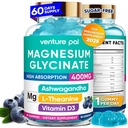 60 zi de aprovizionare Magneziu Glicinat 400mg Gume cu Ashwagandha, L-Teanină, CoQ10, Vitamina D3 & B6, Gume de magneziu gratuite de zahăr pentru adulți și copii, ajutor de stres, somn & calm, Vegan, gluten gratuit