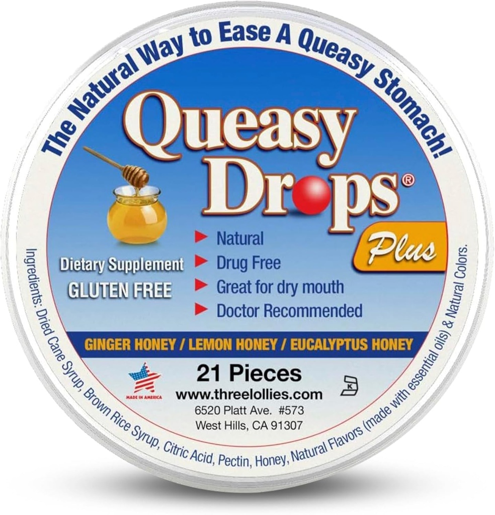 3 Lollies Queasy Drops Plus - Lozenges with Pectin & Honey to Soothe a Dry Mouth - Allevate Greaţă şi Motion Sickness - Natural - 21 t