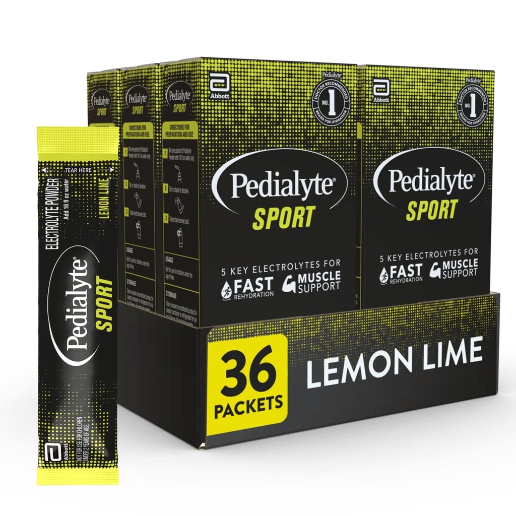 Pedialyte Sport Electrolyte Powder, Hidratare rapida cu 5 Electroliti cheie pentru suport muscular Înainte, În timpul, & După exercițiu, Lămâie, 0.49-oz Pachete (36 Conte)