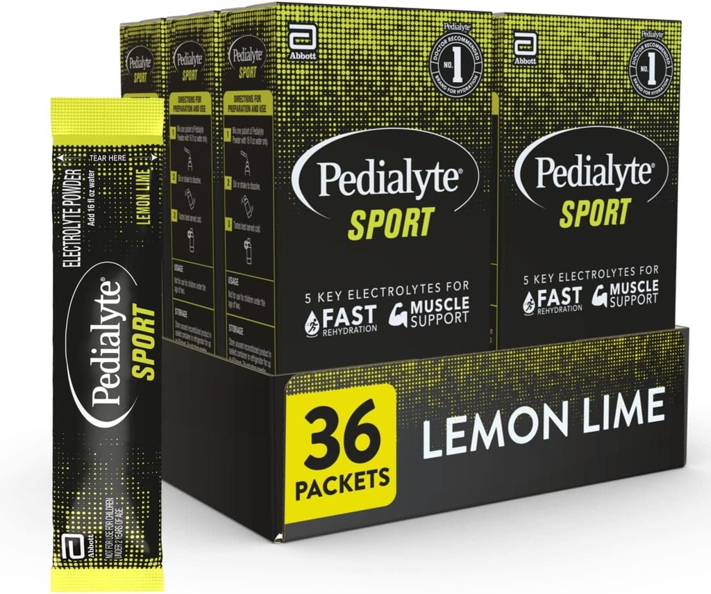 Pedialyte Sport Electrolyte Powder, Fast Hydration with 5 Key Electrolytes for Muscle Support Before, During, & After Exercise, Lemon Lime, 0.49-oz Packets (36 Count)