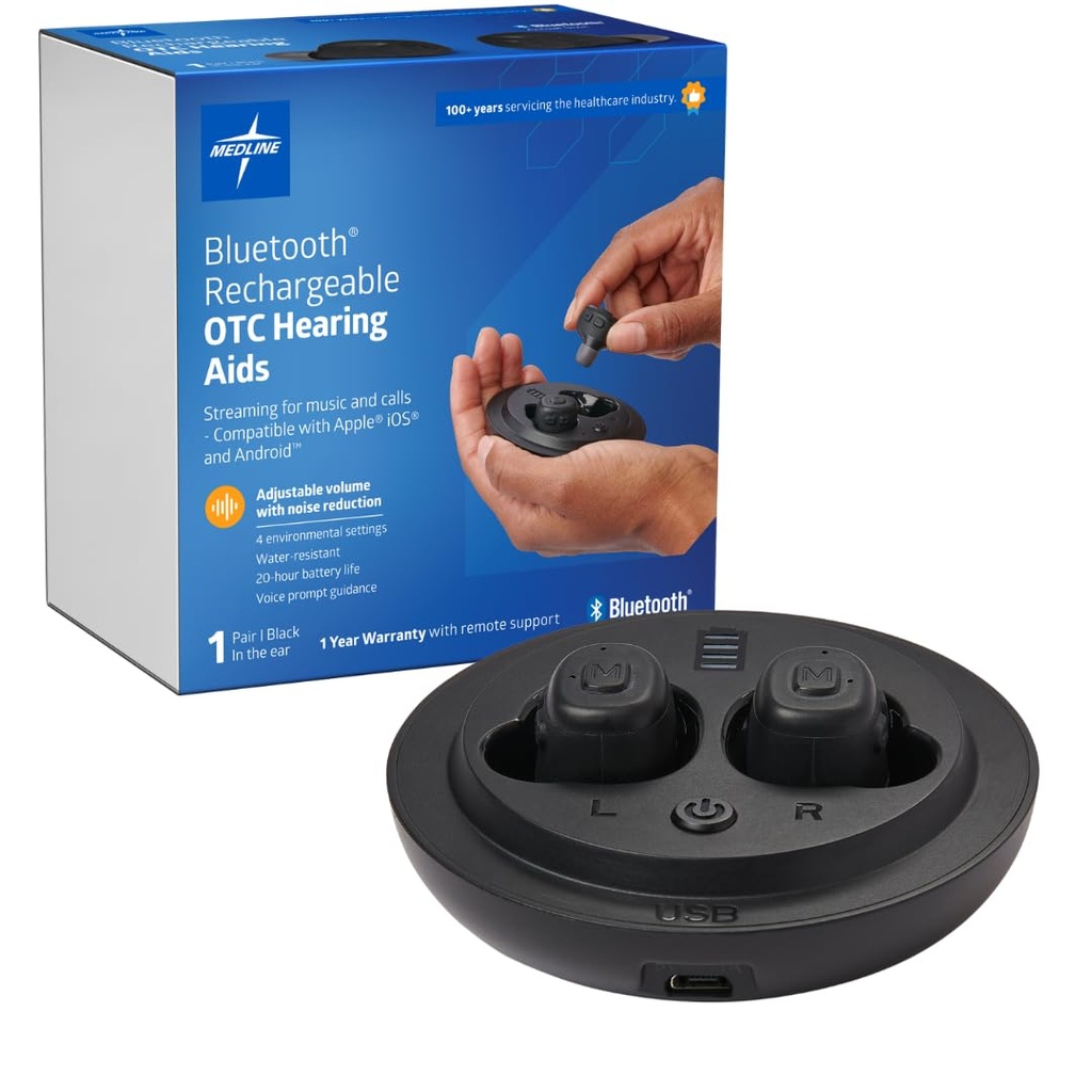 Medline Bluetooth Reîncărcabile SIDA auditive OTC, în-The-Ear, 4 Setări de mediu, Resistent de apă, Volum reglabil, ușoară până la pierdere moderată a auzului, reducerea zgomotului, SIDA auditivă earbud