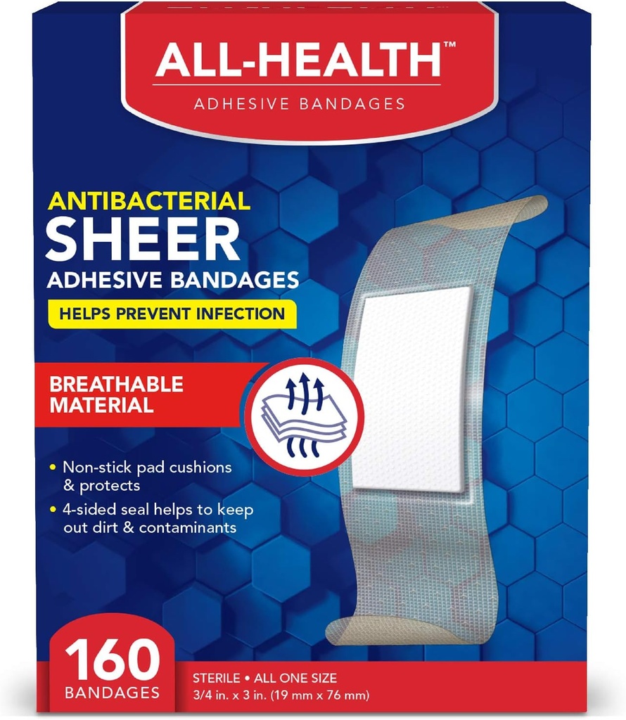 Toate benzile adezive antibacteriene de sănătate, 3/4 în x 3 în, 160 ct 