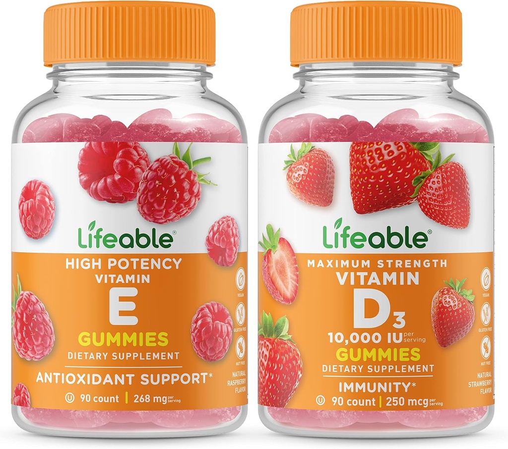 Vitamină vie E + vitamina D 10000 UI, Gummie Bundle - mare Tasting, Supliment de vitamine, gluten gratuit, OMG gratuit, Guma de mestecat