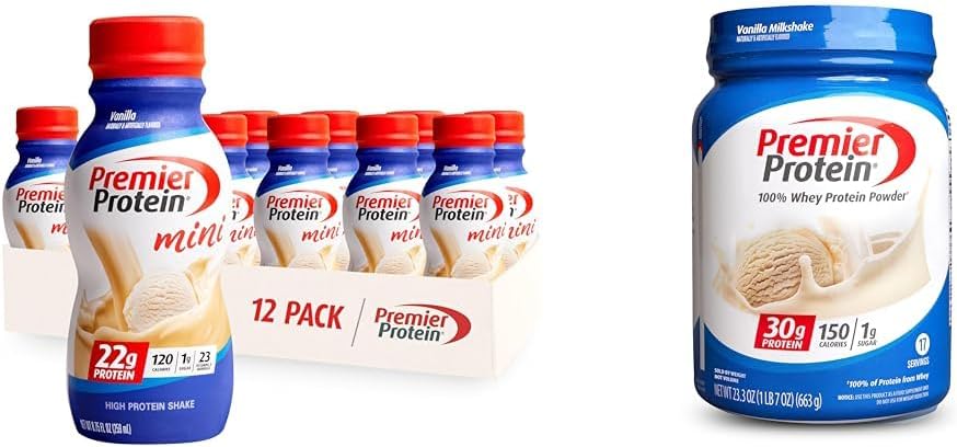 Premier Proteine Shake MINI Vanilla 22g Proteina 120 Calorii Pachet de 12 & pulbere Vanilla Milkshake 30g Proteina 17 Serviri 23.3 Once