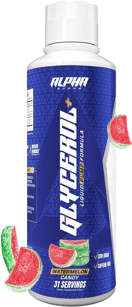 Alpha Supps Glicerol+ Liquid Pump Formula - Stim-Free Liquid Glicerol și Citruline Supliment de înaltă performanță pentru pompe musculare îmbunătățite, hidratare, & Perseverență (31 Serviri, Pepene verde Candy)