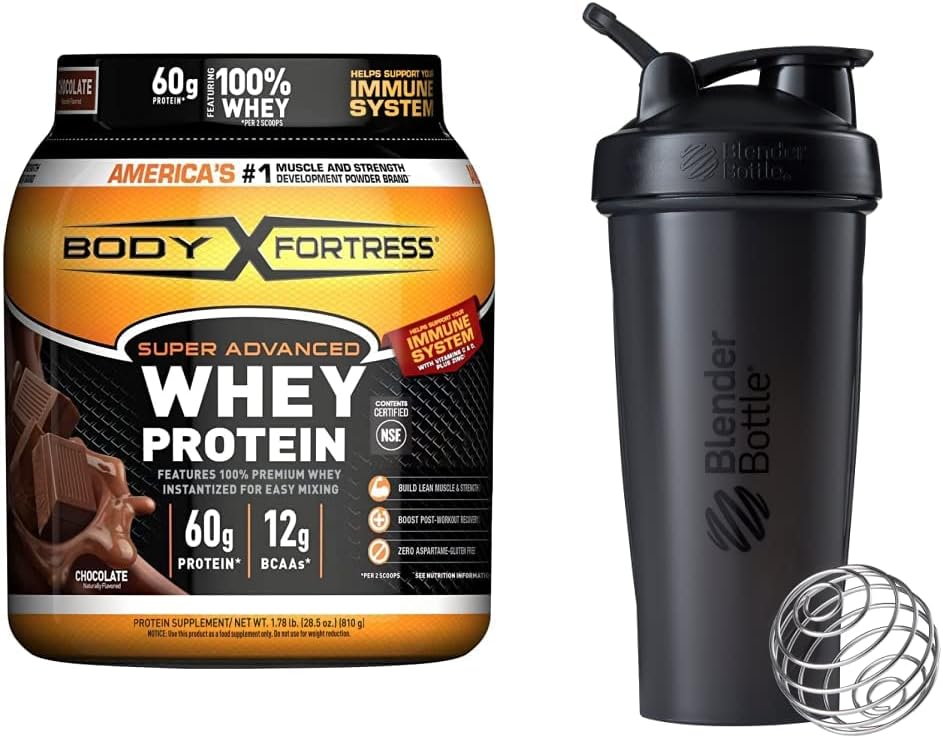 Body Fortress Super Advanced Whey Proteine pulbere, ciocolată (1,78 lbs) și BlenderBottle Classic Shaker Sticla (28 oz), negru